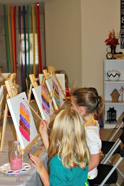 Niñas pintando en caballetes durante una sesión del taller